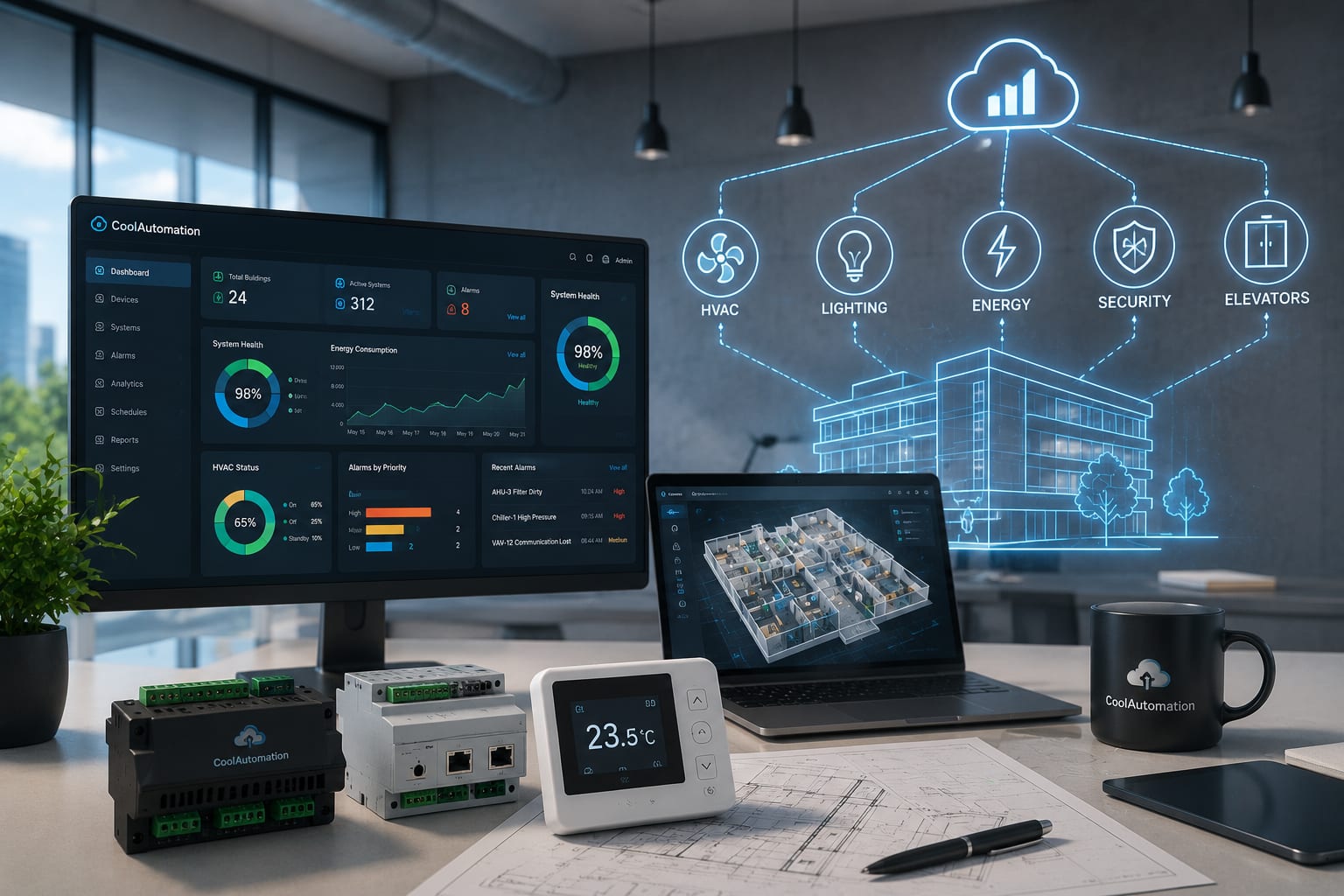 Building management dashboards on screens with HVAC controllers on a desk