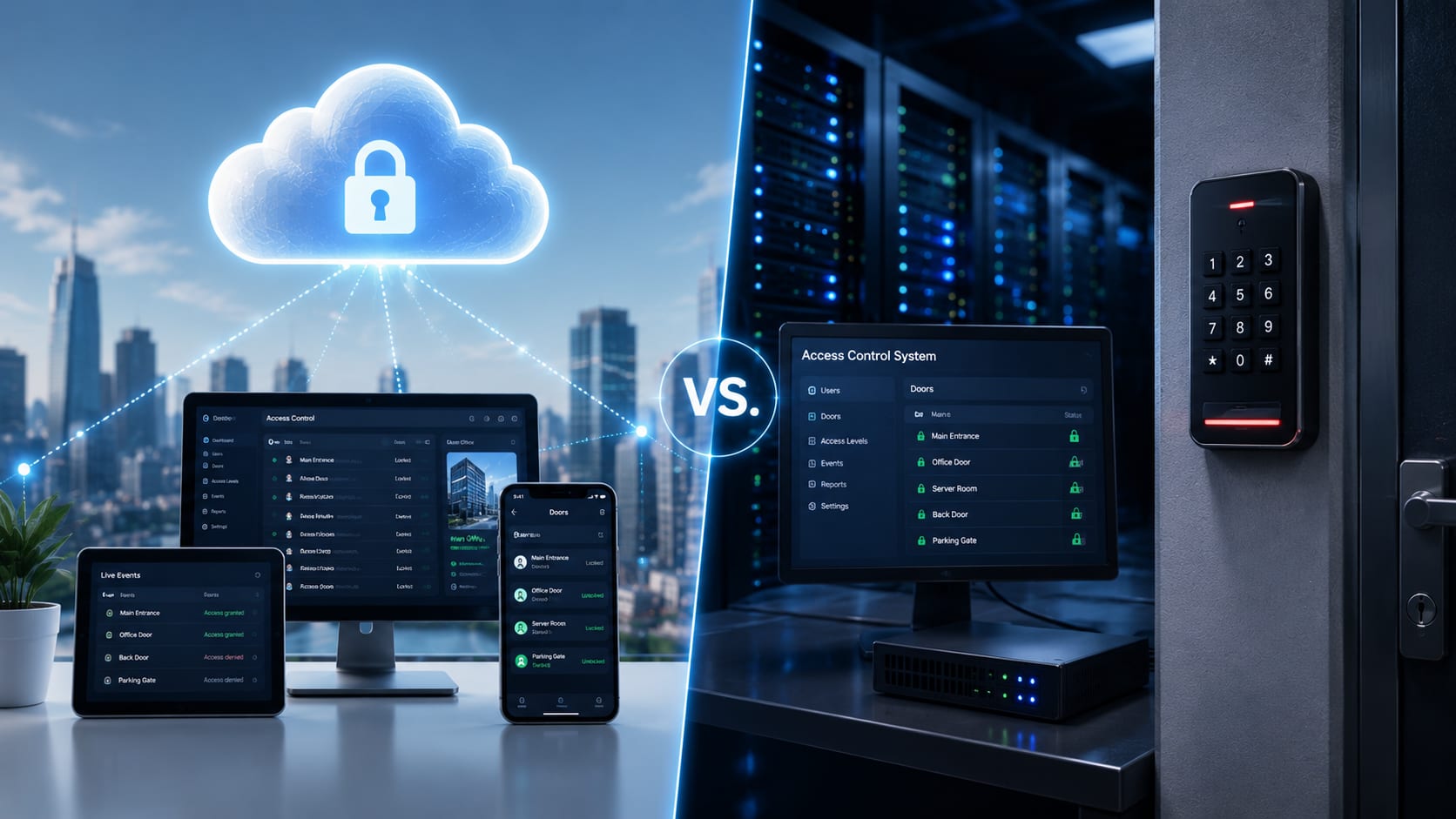 Cloud access control on devices next to an on-premise server room with a card reader