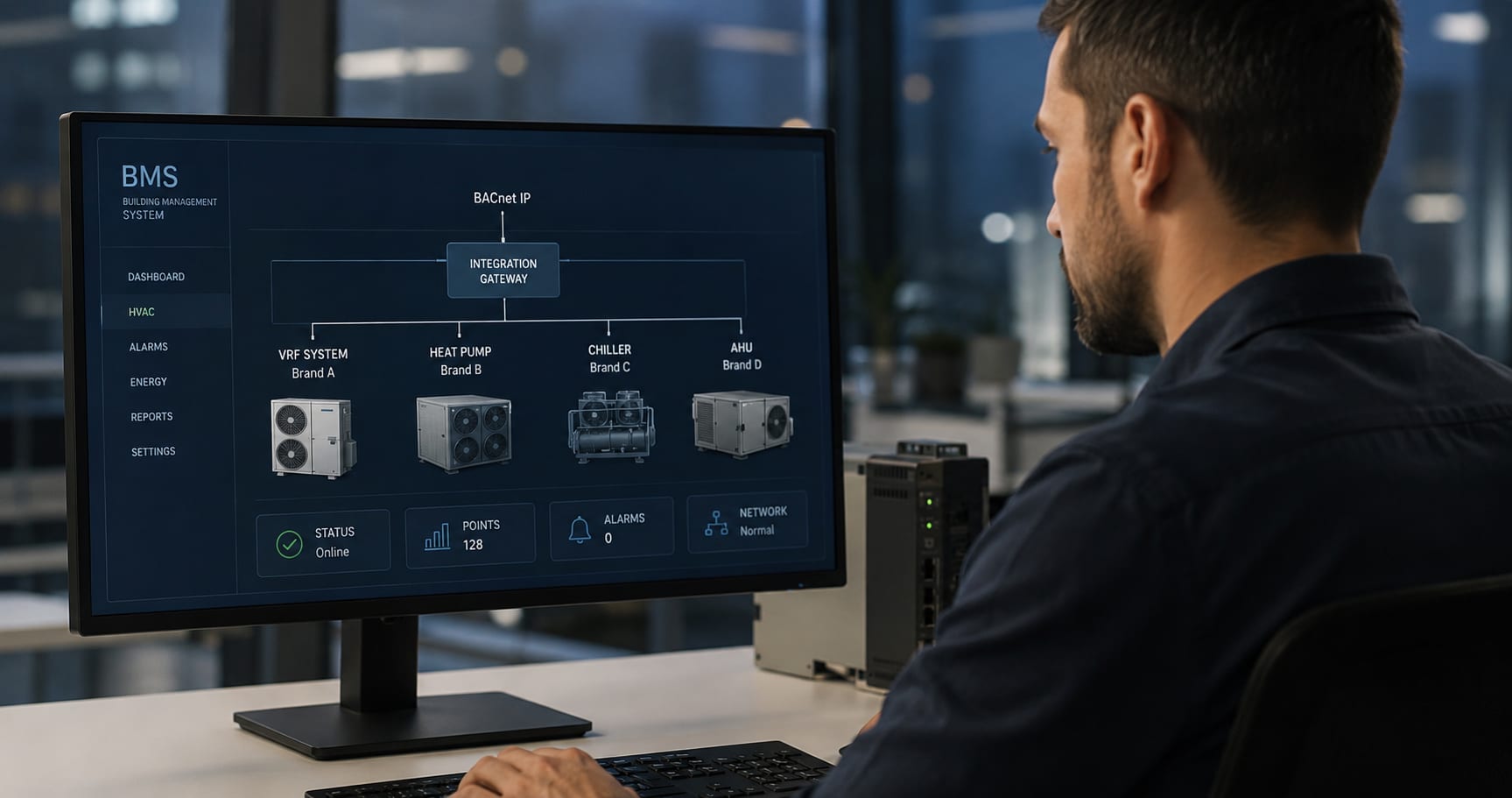 Integrator looking at a BMS diagram of HVAC units connected through a gateway