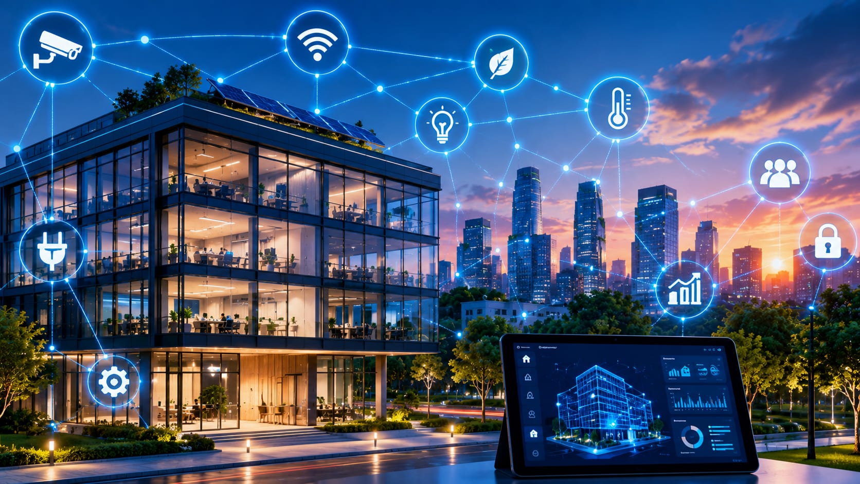Modern smart building at dusk surrounded by connected system icons
