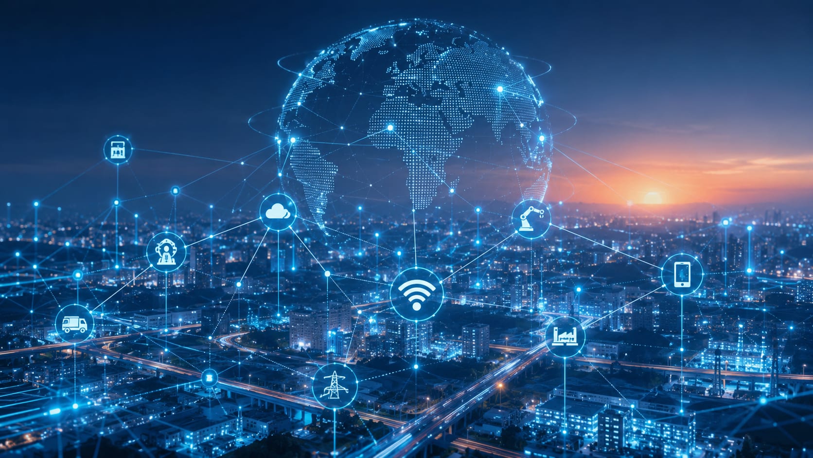 Night city skyline connected by a glowing global IoT network